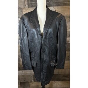 100% Genuine Leather Black Long Coat Jacket Men's Medium VTG